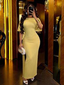 Slaydiva 2025 New Elegant Sexy Long Dress, Waist Cinched, High Slit, Batwing Sleeves, Cream Yellow, For Party, Birthday, Bar, Nightclub, Valentine's Day, Halloween, Christmas, Wedding, Cocktail - Pale Yellow - View 1