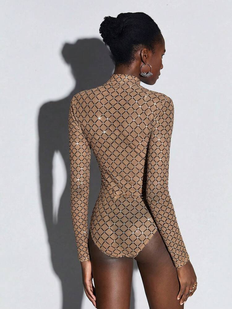 SHEIN Maija Women's Rhinestone Detail Sheer Mesh Bodysuit