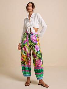 LOTSLUV Women's Floral Tropical Palm Leaf Print Harem Pants With Magenta Belt, Summer Boho Beach Vacation Holiday Tropical, Whimsical Trousers - Green - View 6
