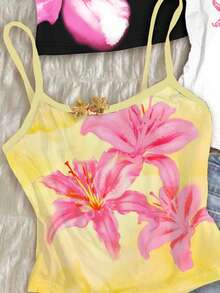 3件套少女休闲度假风奶油黄热带芙蓉花、蓝色芙蓉花、蓝色海星和贝壳沙滩印花吊带背心，适合夏季度假，舒适春夏款式 - 彩色 - 查看 4