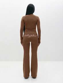 BABYPHAT Ribbed Pull On Flare Leggings High Waisted Stretch Bootcut Pants Fall Winter Casual Everyday - Chocolate Brown - View 6