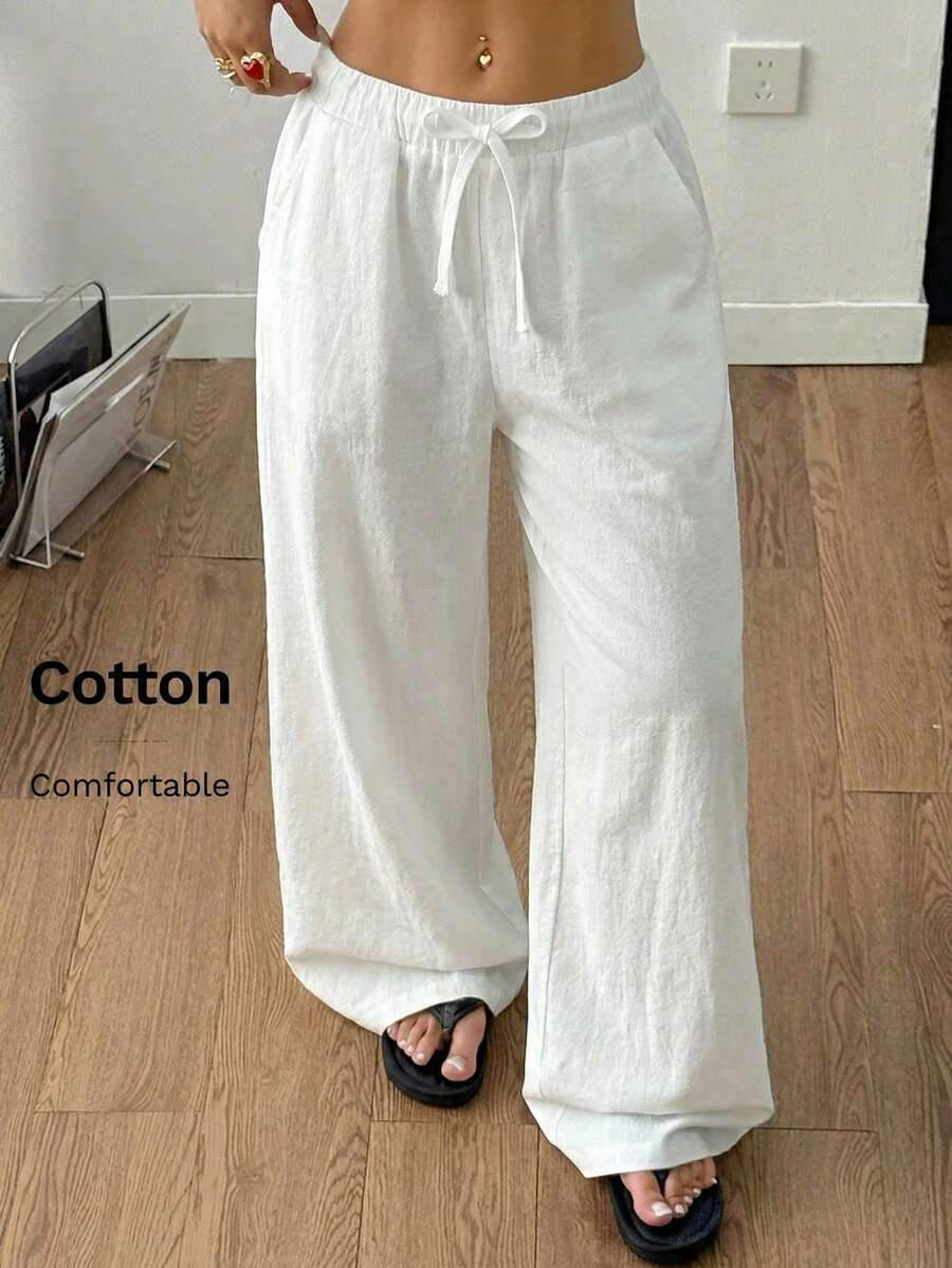 青少年（女孩）春夏休闲沙滩度假日常100%纯棉宽松带口袋长裤 - 白色 - 查看 1