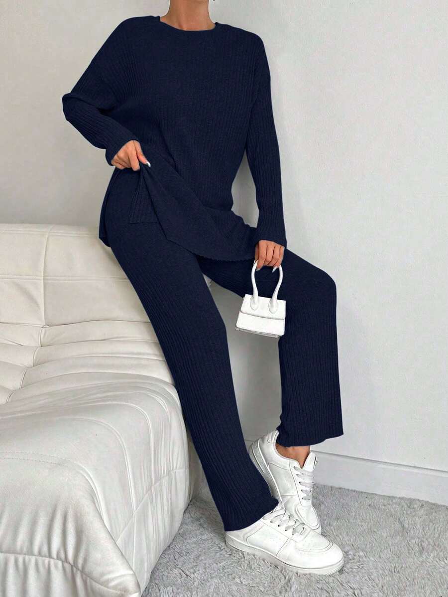 Cottnline 100%Cotton Women's Solid Color Striped Round Neck Top And Pants Two Piece Set - Navy Blue - View 1