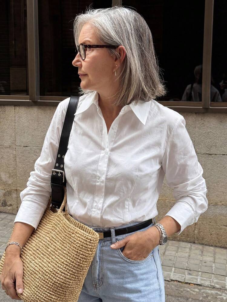 Cropped White Blouse For Women, French Style Waist Cinching Design, Slim Fit Long Sleeve Top