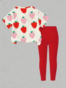 Spring & Summer Toddler Girls' Casual Fashion Creative Personality Fresh Minimalist Cute Strawberry Heart Graphic Print T-Shirt And Leggings 2pcs Outfit, Comfortable Daily Wear - Multicolor - View 2