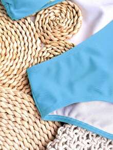 SHEIN 适合青少年女孩的纯色无肩带系带金属饰品比基尼套装，夏季泳装套装/沙滩女孩装/两件式泳衣/青少年比基尼套装 - 淺藍色 - 查看 4