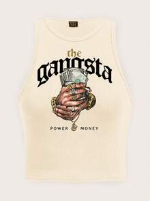 Slaydiva Áo tank top nữ cỡ lớn dáng ôm, cổ tròn, họa tiết chữ đô la, chất liệu cotton pha. - Màu be - Xem 3