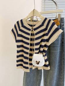 Franclia Hàng mới về: Áo khoác cardigan nữ thiết kế độc đáo, kẻ sọc, cổ tròn, dáng ôm, đa năng. Áo vest nữ, áo len, áo dệt kim, áo len không tay, áo vest chui đầu. - Nhiều màu - Xem 3