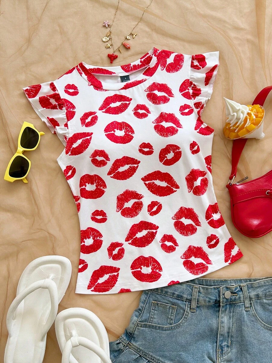 Soleia Women's Lip Print Bandeau Top, Fashionable Versatile With Flutter Sleeves,Summer, Festival, Graduation,Vacation,Work, Beach,Summer Top - Multicolor - View 1