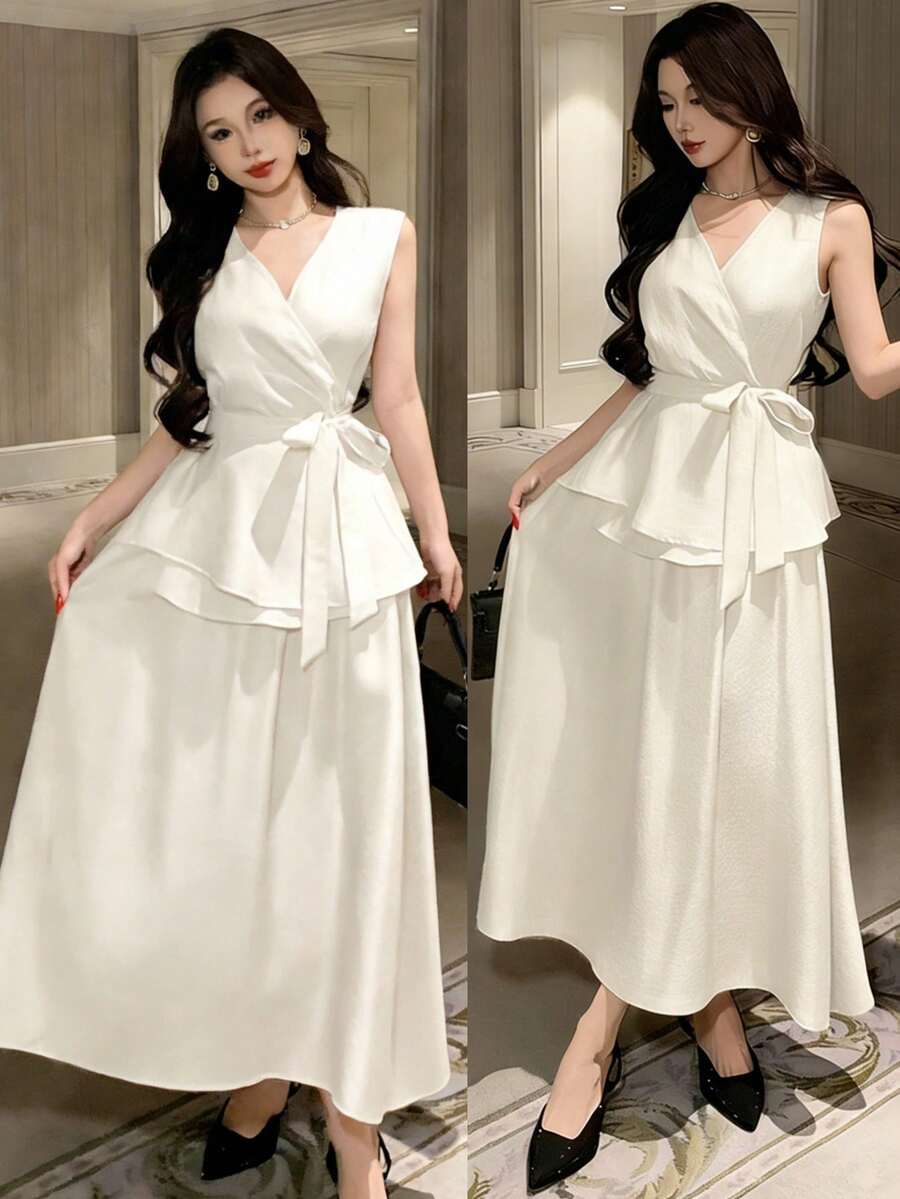 DAZY Women's Elegant Solid Color V-Neck Belted Shirt And A-Line Skirt 2-Piece Set, Spring/Summer - Beige - View 1