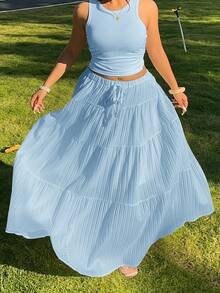 GalTyme Conjunto de 2 piezas de top de tirantes de cuello redondo azul claro y falda midi, talla grande - Celeste - Ver 5