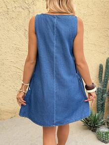 SHEIN 孕妇圆领纽扣休闲日常派对外出牛仔连衣裙夏季嘉年华服装通勤度假毕业时尚Y2K可爱街头风性感派对婚礼优雅商务休闲女式休闲蓝色牛仔无袖A字连衣裙，纽扣细节，完美夏季 - 藍色 - 查看 2