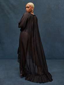 Sheer Solid Chiffon Ruffle Hi Low Hem Lantern Sleeve Dress - Black - View 4