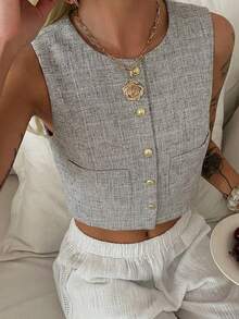 DAZY Solid Color Crew Neck Sleeveless Fitted Jacket For Women, Spring & Summer - Grey - View 4