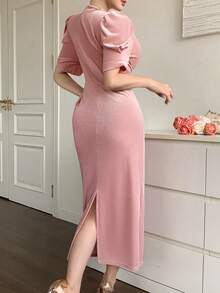 DAZY Vestido elegante de unicolor con mangas abullonadas, verano - Rosa - Ver 9