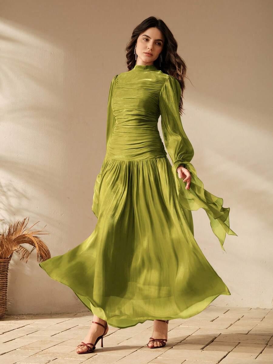 Anewsta 女士褶裥长裙，优雅时尚的正式礼服 - 芥末黃 - 查看 1