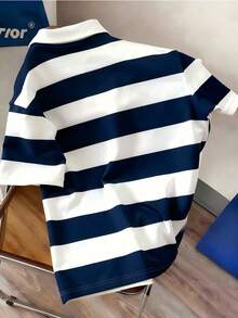 Casual Loose Fit Striped Letter Print Polo Collar Short Sleeve Shirt, Preppy American Style For Teen Boys - Navy Blue - View 2