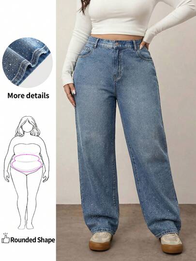 Enliva 大码女式水钻口袋宽腿宽松休闲牛仔裤