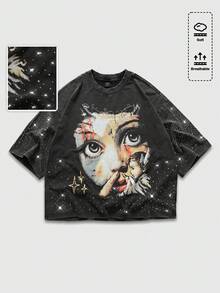 ROMWE MEN Herren Lässig Cartoon Muster Rundhals Kurzarm T-Shirt, vielseitig für den täglichen Gebrauch - Schwarz - Übersicht 7