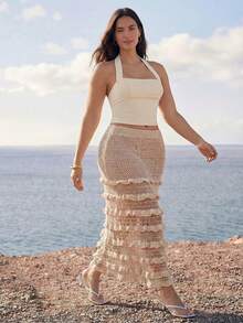 Juhart 乳白色多层荷叶边镂空针织半身裙，层叠荷叶边带来活力与青春气息，小巧精致，是约会和通勤的理想之选，轻松成为人群焦点。 - 杏色 - 查看 10