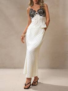 NOVVYNE Women's Lace Patchwork White With Black Polka Dots,Summer,Seductive,Date Night Twist Camisole Top And Mini Skirt Fashion Outfit Set Luxury Dresses - Apricot - View 3