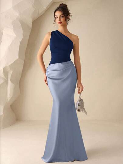 Coutiva Contrast Color Sleeveless Mermaid Hem Elegant Bridesmaid Dress (Adult)