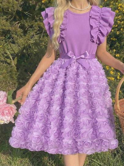 1 pieza Vestido de punto con diseño de volantes superpuestos, cuello redondo, sin mangas, cinturón de malla con rosa en la cintura, estilo dulce y lindo para niñas, adecuado para salidas, vacaciones y uso diario