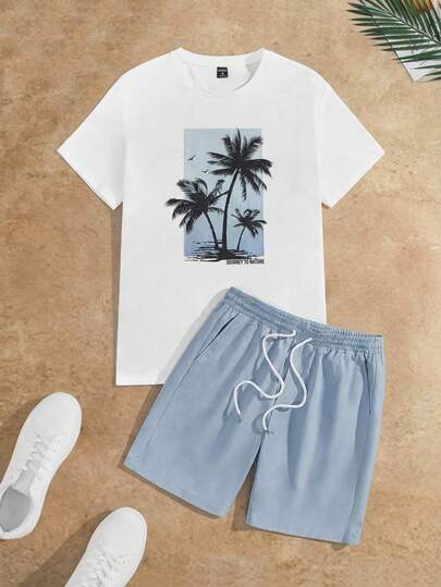 HIMLAND Men Tropical Print Tee & Drawstring Waist Shorts, Vacation, Cozy Outfits