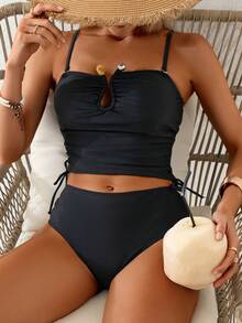 Swim Basics Fashionable Hot-Selling Solid Color Tankini Swimwear For Summer - Black - View 4