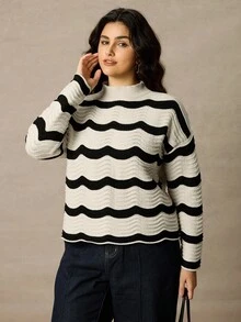 Juhart Áo len chui đầu họa tiết sóng cổ tròn tay raglan cỡ lớn cho nữ, mùa thu/đông - Màu be - Xem 2