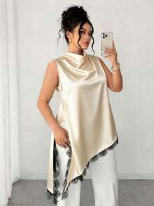 Elenzga Große Größen Ärmelloses Hemd für Damen mit Spitzensaum, elegante vintage-inspirierte lange Bluse, vielseitig einsetzbar für Arbeit, Abschluss, Feiertage, Valentinstag, Musikfestivals, Muttertag, Halloween, Erntedankfest, Ostern, Nationalfeiertag, Tänze, Dates, Hochzeiten, Ausflüge und mehr. - Aprikosenfarben - Übersicht 3
