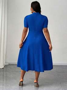 Elenzga 大码女式短袖连衣裙，休闲简约日常穿搭收腰A字长裙，优雅高领紫色连衣裙，女士假日装扮，度假连衣裙 - 藍色 - 查看 2