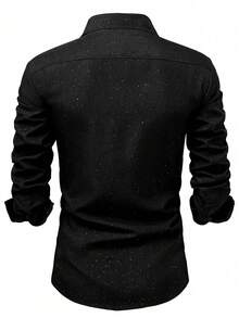 Manfinity Bizformal 男士黑色纹理亮片装饰商务长袖衬衫/现代奢华/魅力夜生活/夏季黑色亮片纽扣衬衫，轻盈透气面料，闪亮点缀，约会之夜和晚宴的百搭上衣/男士纯黑色亮片正装衬衫，闪亮弹力面料，亮片细节，修身剪裁，适合派对男士/黑色衬衫/商务休闲男士衬衫/黑色领衬衫/男士亮片衬衫/黑色正装男士衬衫 - 黑色 - 查看 2