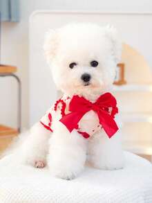 PETSIN 1pc Cute Love Printed Pet Tank Top With Large Red Bow Decoration For Puppy Clothes, Soft And Breathable Cat And Dog Knitted T-Shirt - Red - View 2