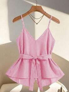 Trelyra Áo camisole nữ kiểu dáng thường ngày kẻ sọc có cúc trang trí - Hồng - Xem 2