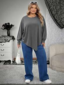 SHEIN CURVE+ 大码女式不对称下摆蝙蝠袖纯色斜肩宽松休闲上衣T恤，适合秋季穿着，冬季女装，大码女装，适合万圣节/秋季/冬季穿着。 - 灰色 - 查看 9