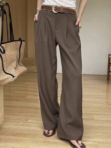 DAZY 女士纯色褶裥休闲通勤裤 - 鏽棕色 - 查看 2