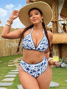 Swim Vcay Plus Size Vacation Beach Plant Print Swimwear Set - Blue - View 5