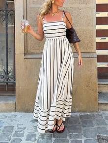 Serisse Đầm maxi nữ kẻ sọc xếp nếp, kiểu dáng thường ngày, thích hợp cho kỳ nghỉ. - Màu be - Xem 4