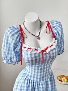 Sweetra Plus Size Summer Countryside Style Waist Cinching Sweet Floral Patchwork Square Neck Bow Tie Short Sleeve Dress - Blue and White - View 8