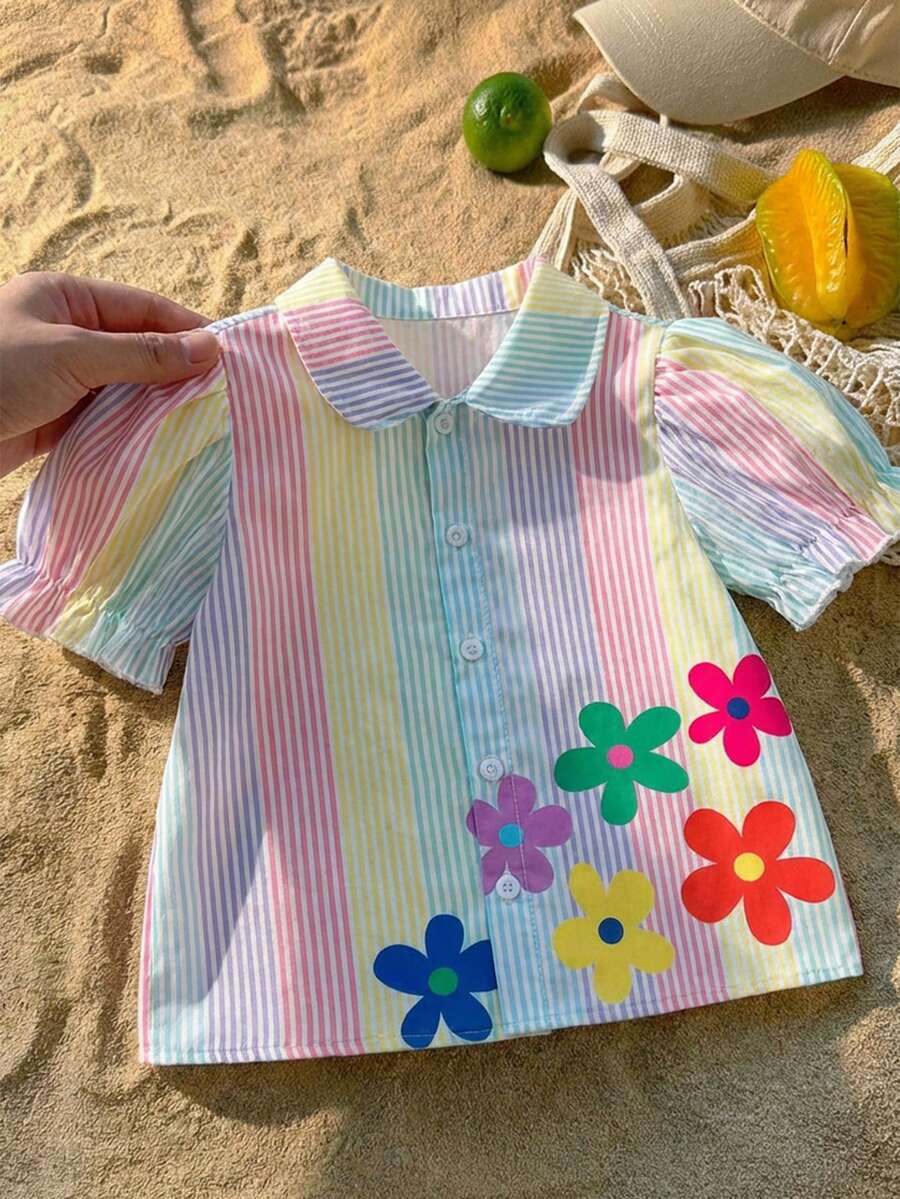 SHEIN Young Girl Summer Casual Striped & Floral Print Button Front Puff Sleeve Shirt - Multicolor - View 1