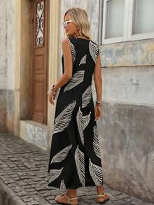 EMERY ROSE Casual Minimalist Vacation Bohemian Elegant Romantic Retro Feather Black Print Pattern Maxi Dress, Comfortable Plus Size For Spring/Summer - White - View 2