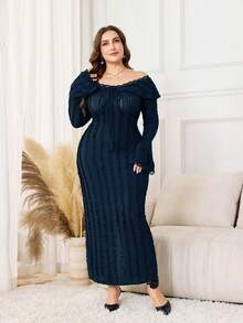 Modelyn Plus Size Women's Off-Shoulder Ruffle Long Sleeve Fitted Lace Patchwork Elegant Dress - Blue - View 7