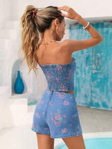 Vivid Eden Women's Casual Floral Print Front Button Camisole Denim Top - Multicolor - View 2