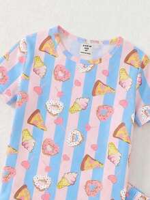 Set pigiama a 2 pezzi da ragazza, con maglia a girocollo a maniche corte e pantaloncini, in tessuto morbido ed elastico, con stampe di pizza, ciambelle e gelato, a righe, stile carino e dolce - Multicolore - Visualizzare 5