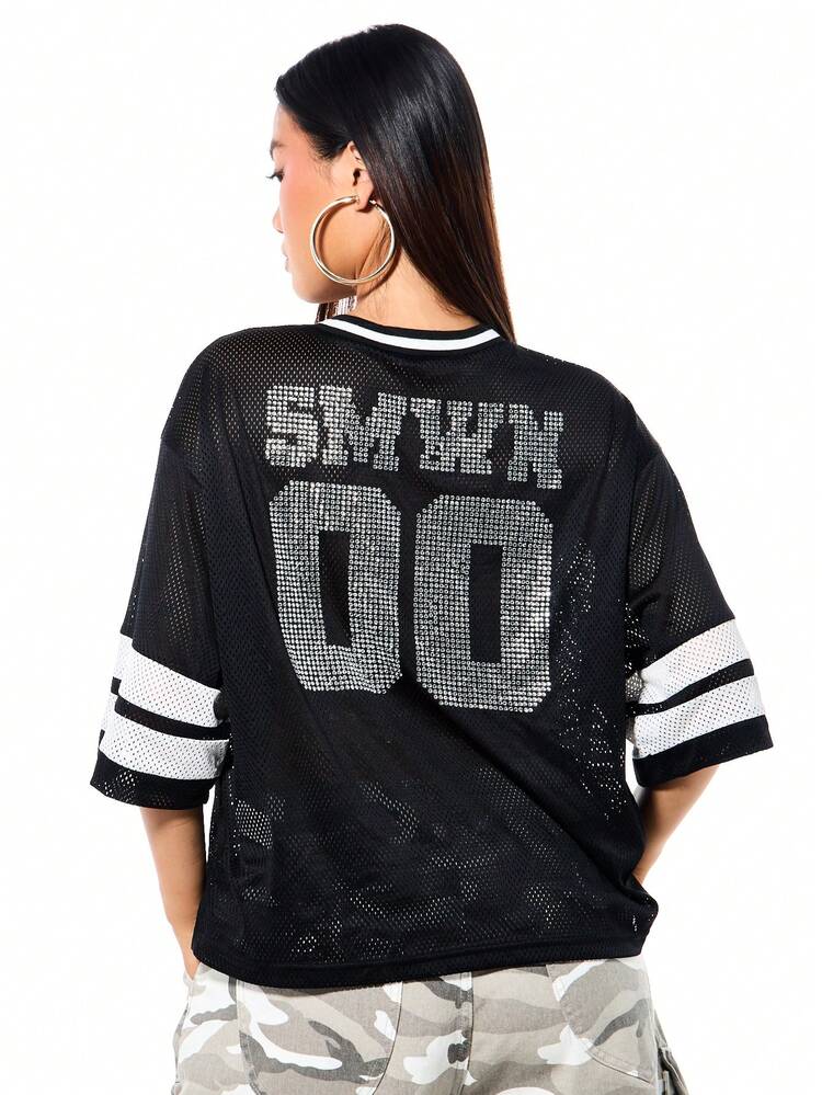 SUMWON WOMEN Oversized Cropped Boxy Rhinestone Detroit Varsity Jersey V-Neck Mesh Top With Contrasting Striped Sleeves And Embellished Text Detail