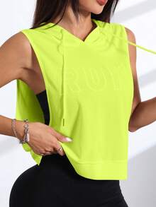 SHEIN Sovereign Charm Women's Fluorescent Green Letter Embroidered Drawstring Sweatshirt Sweatshirt - Yellow - View 4