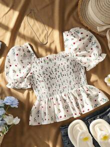 Sparklyn Áo sơ mi tay ngắn cổ vuông in họa tiết tối giản dành cho bé gái tuổi teen - Màu be - Xem 1