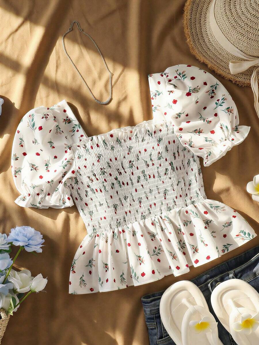 Sparklyn Áo sơ mi tay ngắn cổ vuông in họa tiết tối giản dành cho bé gái tuổi teen - Màu be - Xem 1