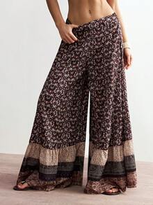 Bohemela Pantalones anchos de pierna ancha casuales de mujer con estampado de patchwork tejido - Óxido marrón - Ver 4